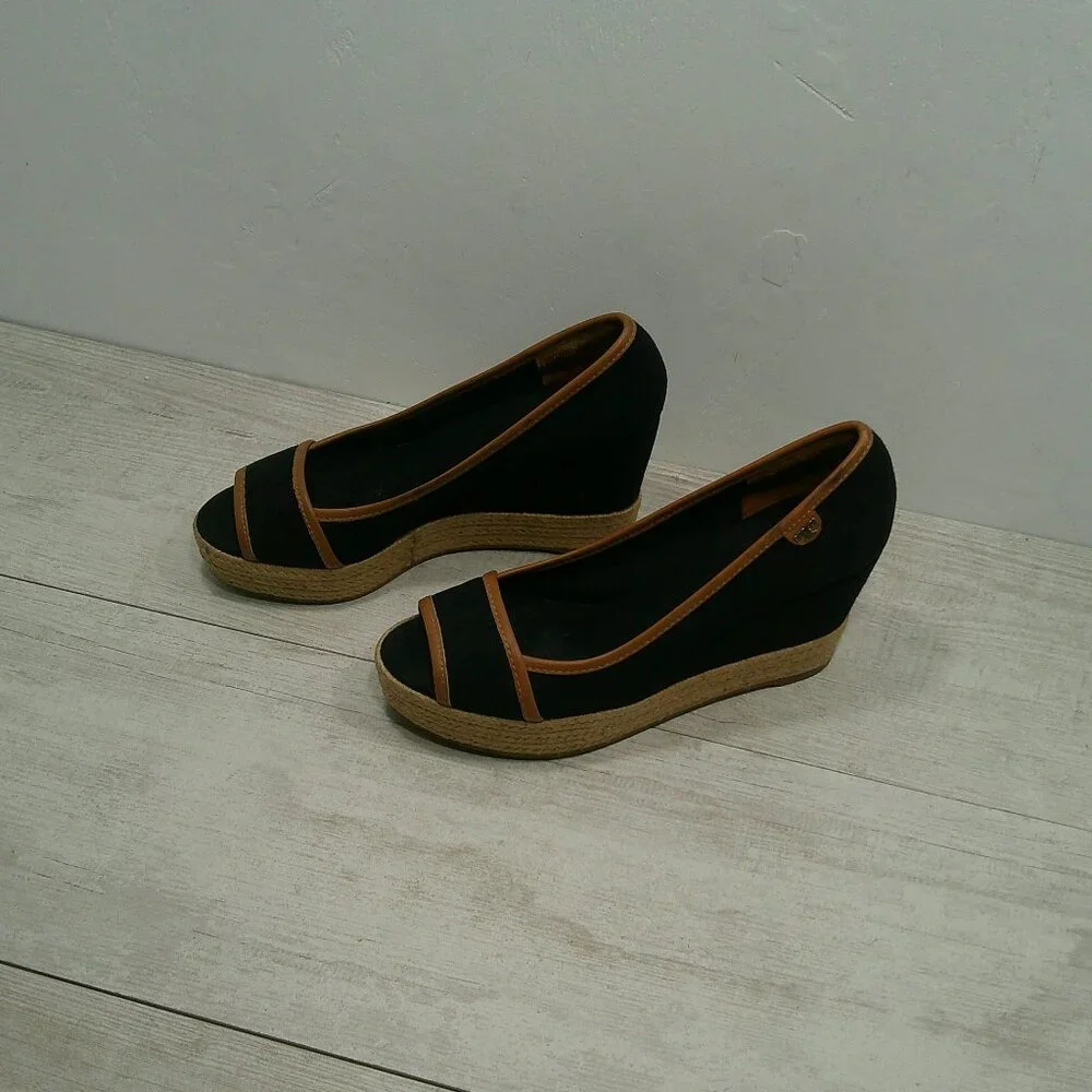 Tory Burch Old Money Black & Tan Majorca Peep Toe Wedge Espadrille Size 38 1/2